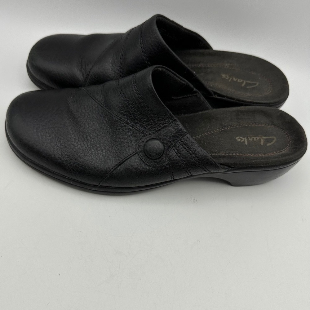 Clarks Leather Mules Womens 7.5M Black Slip On Wedge Clogs Casual 35324